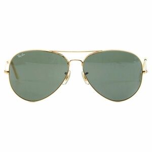 Ray-Ban Gold Frame Aviator Sunglasses with dark grey lenses, case included.